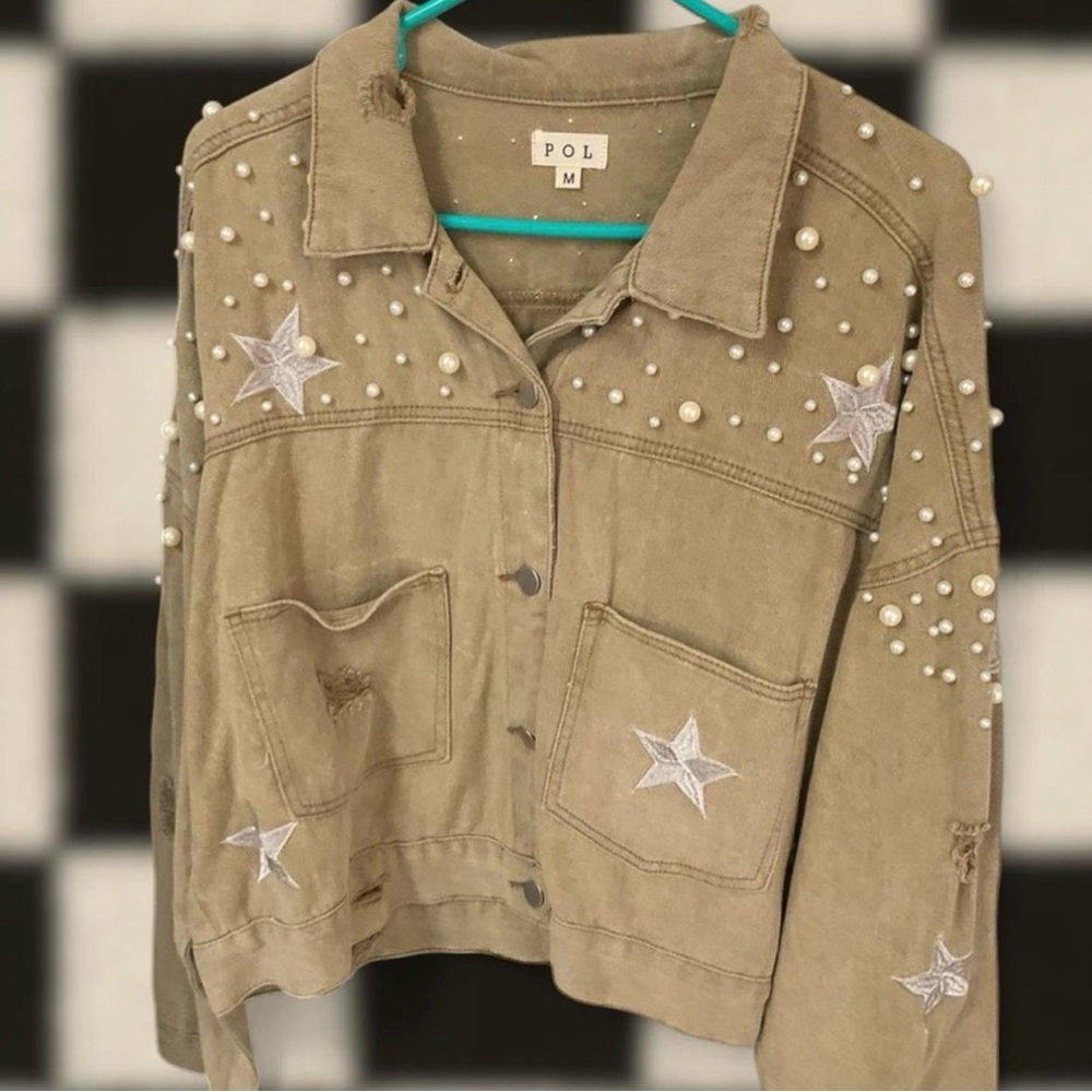 POL Olive Pearl & Star Embellished Jean Jacket
